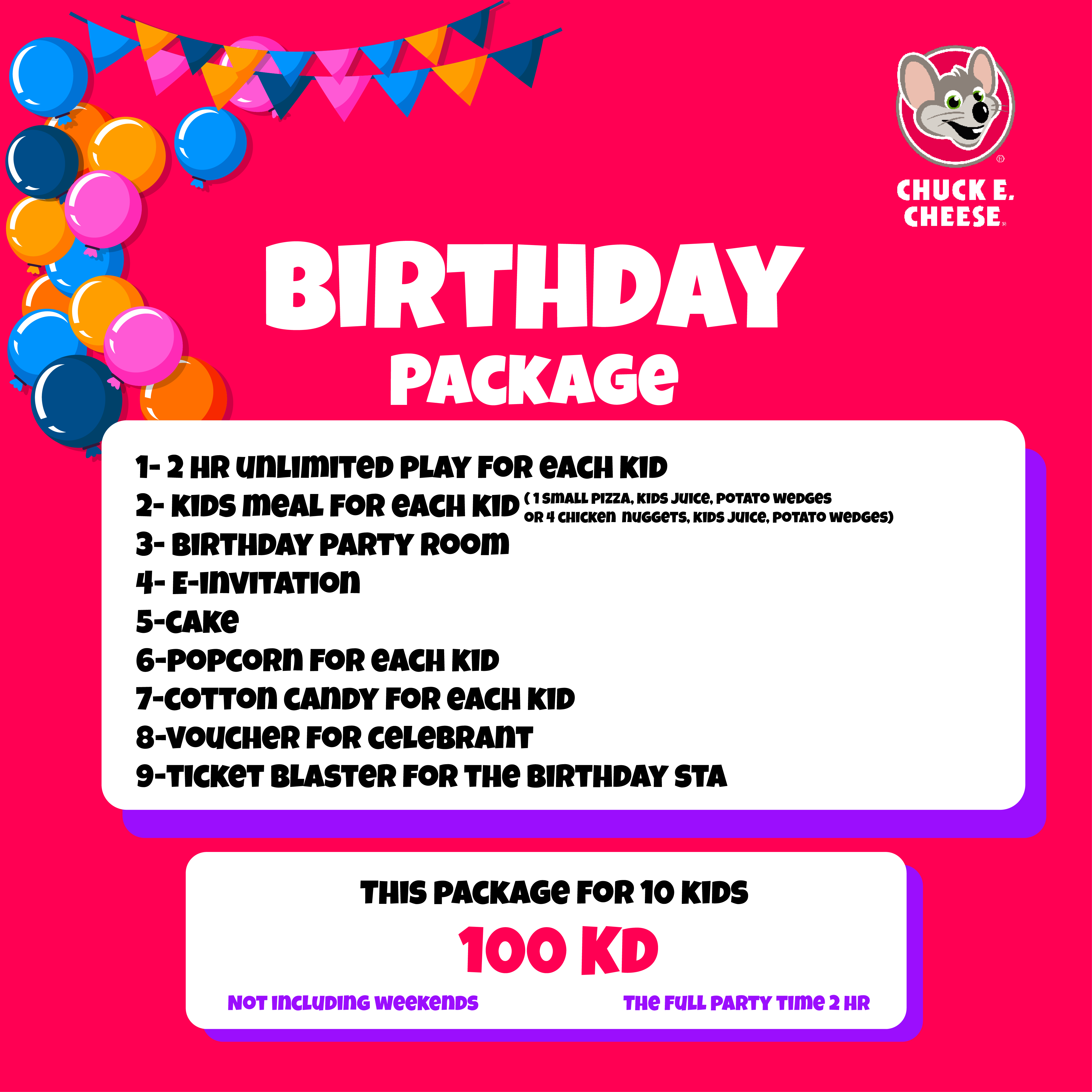 Chuck E Cheese – Birthday Package